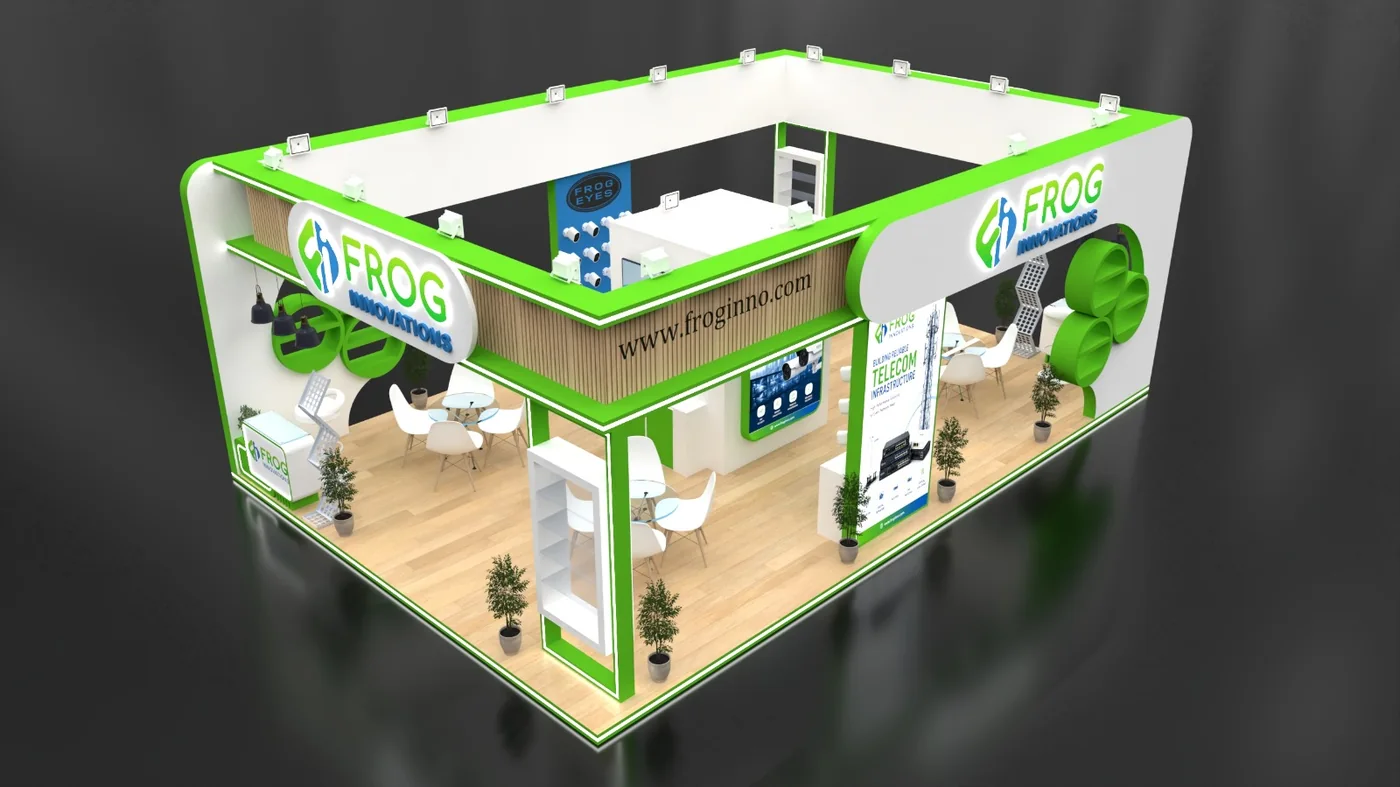 Green and white telecom technology exhibition stand with wooden flooring and meeting tables