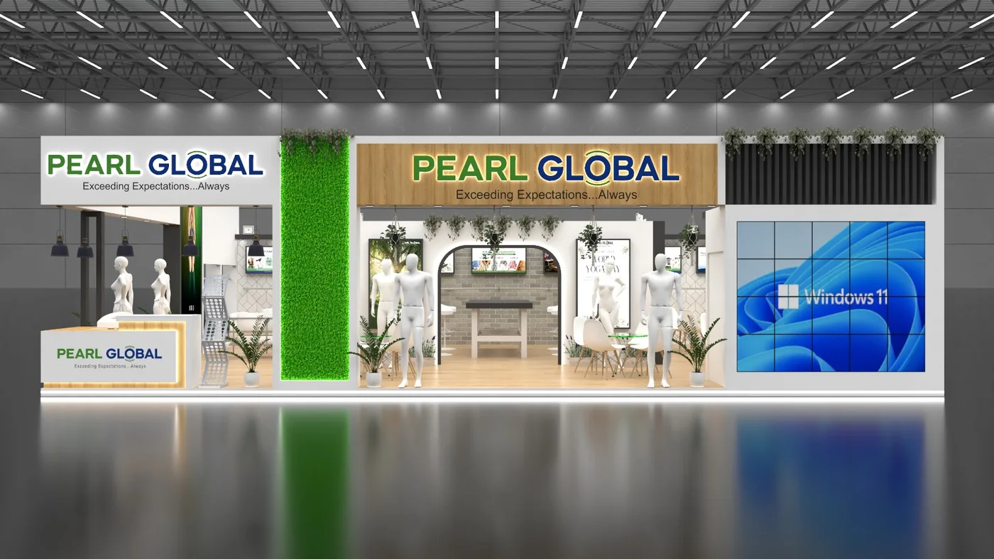 Apparel and lifestyle brand exhibition stand with wooden signage, green wall and LED video wall