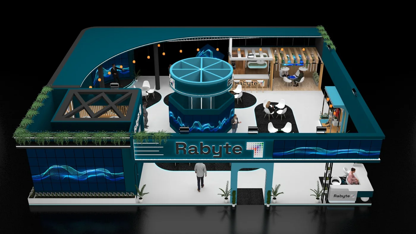 3D exhibition stand design with central LED display tower, lounge seating and meeting pods