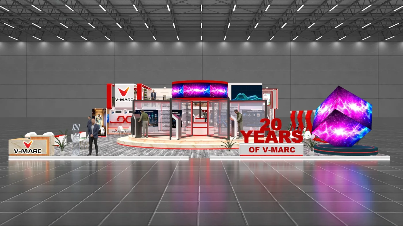 Large corporate exhibition stand with circular LED display and LED cube feature